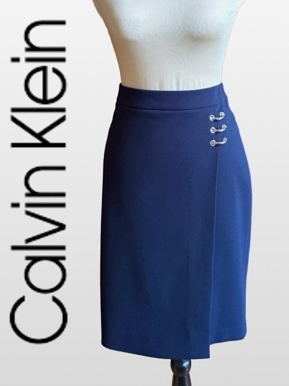 Calvin Klein Navy Faux Wrap Ring Detail Pencil Skirt (8)